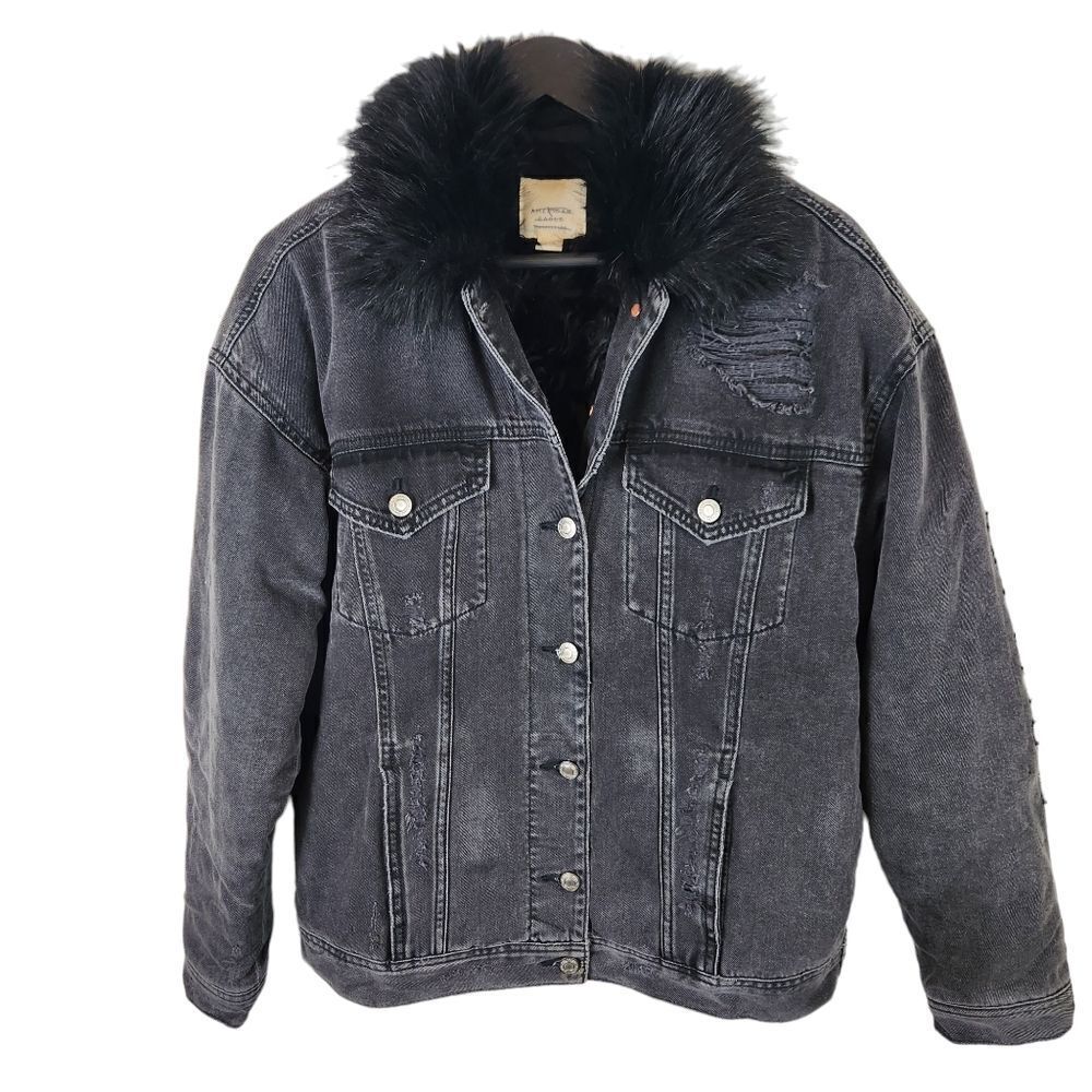 American Eagle Faux Fur Lined Distressed Denim Jacket M